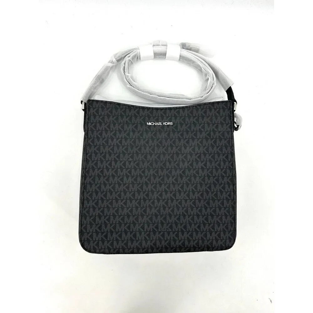 NWT MICHAEL KORS Black Monogram Leather Jet Set Travel Messenger Bag Purse